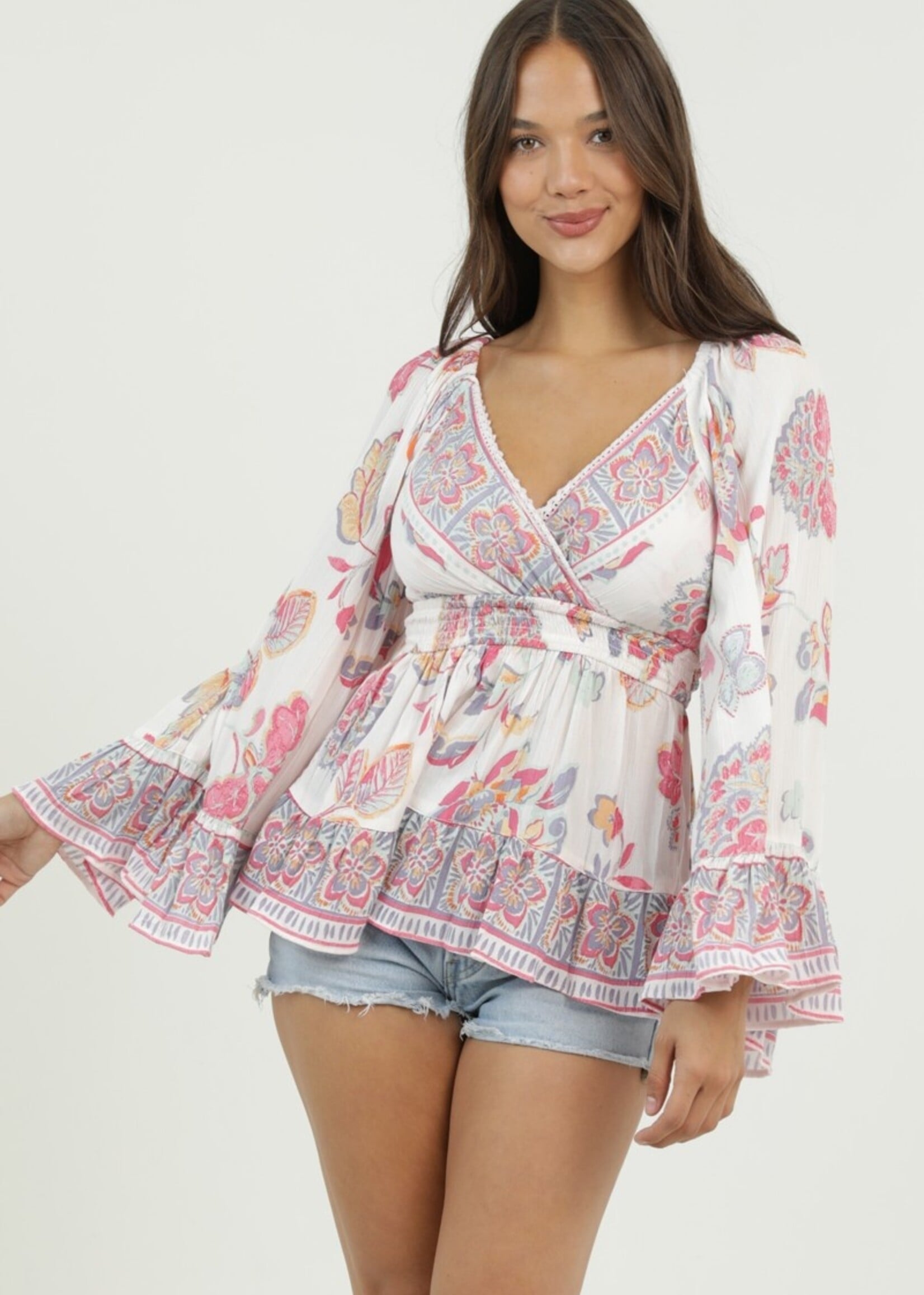 Print bell sleeve top