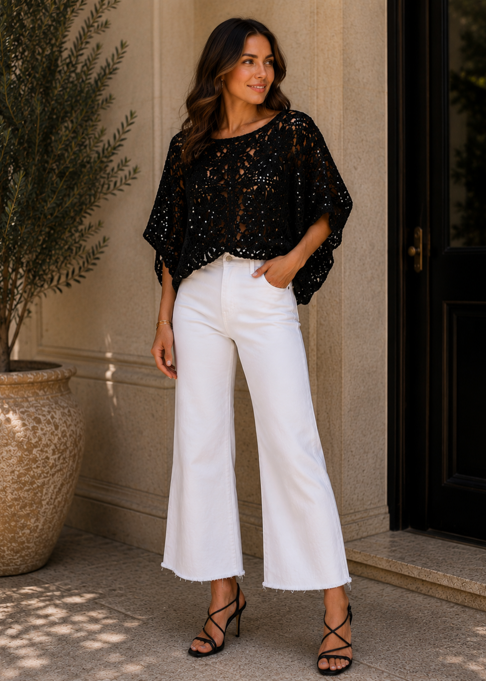 Dolman sleeve crochet sequin top