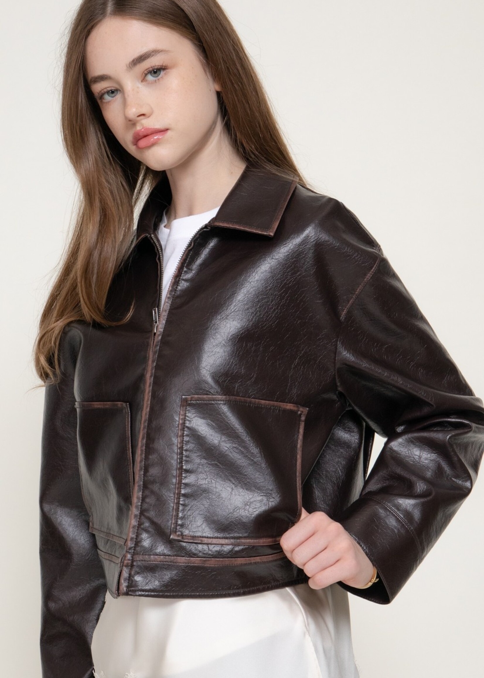 Contrast stitch leather jacket