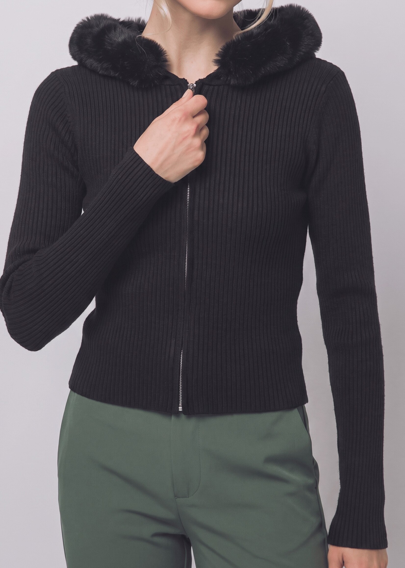 Fur trim zip sweater  +2 colors