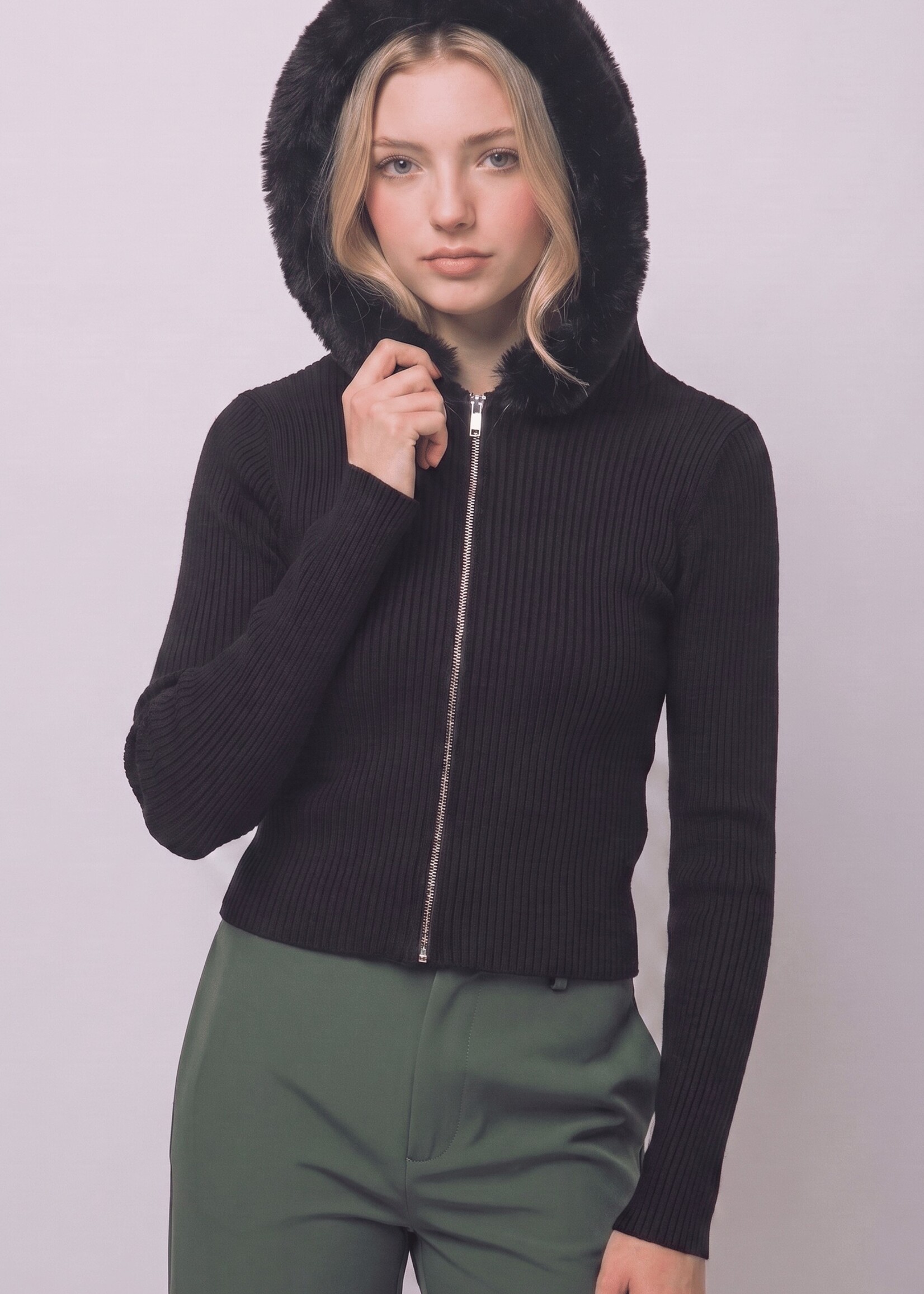 Fur trim zip sweater  +2 colors
