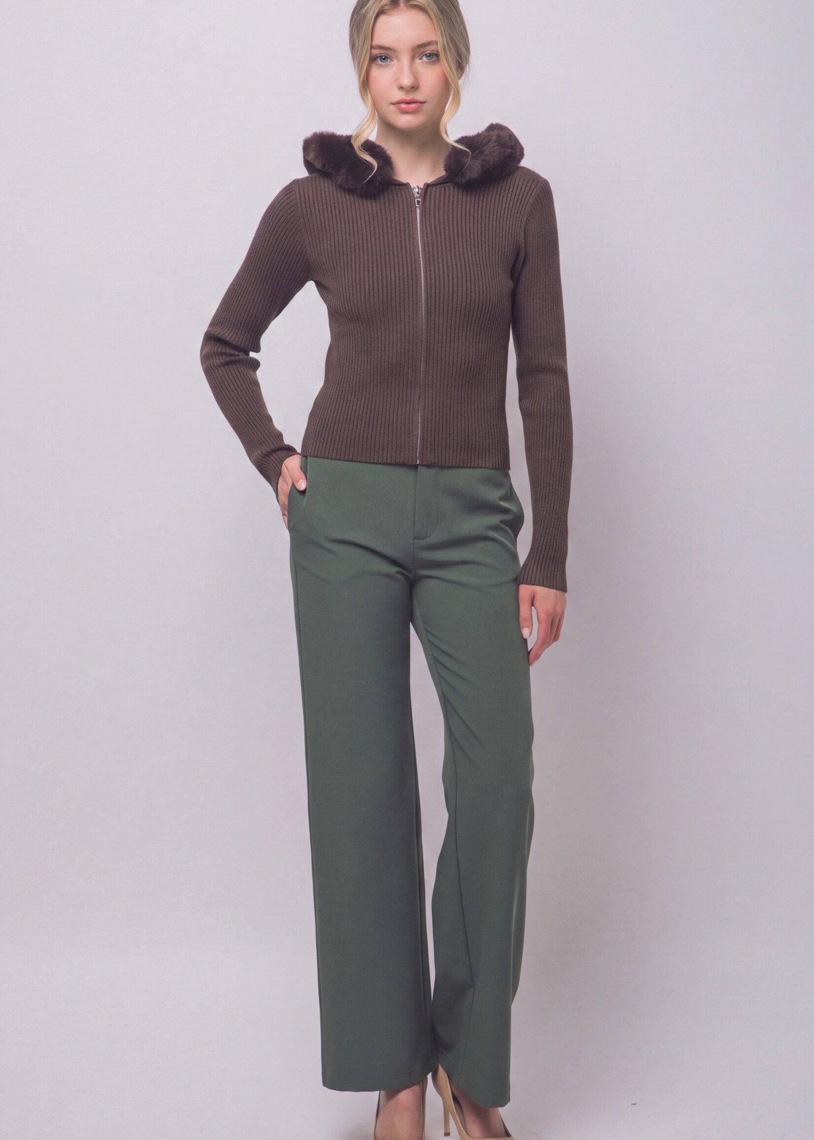 Fur trim zip sweater  +2 colors