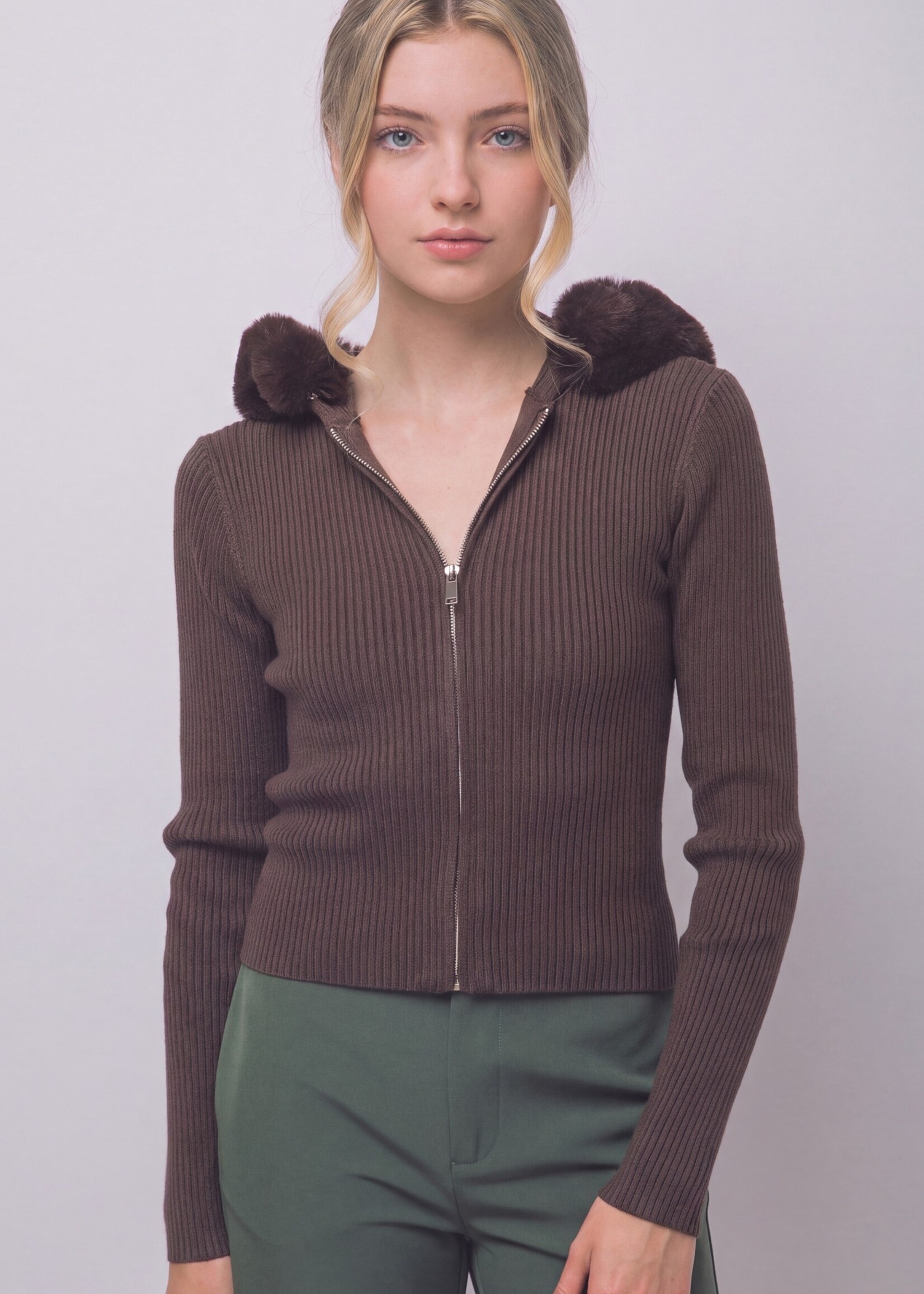 Fur trim zip sweater  +2 colors