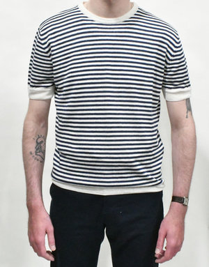 Maurizio Baldassari M Baldassari White & Navy Stripe Linen Crew