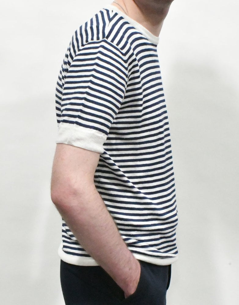 Maurizio Baldassari M Baldassari White & Navy Stripe Linen Crew