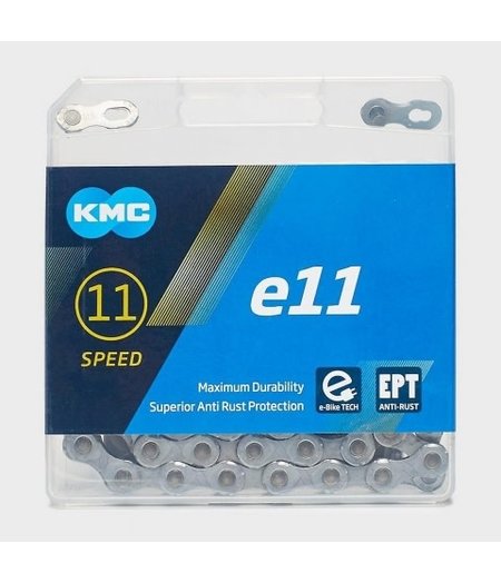 KMC e-bike 11-speed Chain, Mod.E11-TURBO, 1/2 x 11/128" x 122L EPT, silver/silver, w/CL555-EPT connector (Ebike Chain, higher pin power for e-Bike torque)