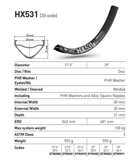 DT Swiss DT RIM HX531 27.5 (30 wide) 32 hole
