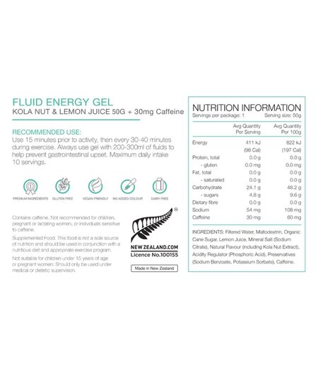 Pure Fluid Energy Gel 50g - Kola Nut & Lemon Juice w/30mg Caffeine
