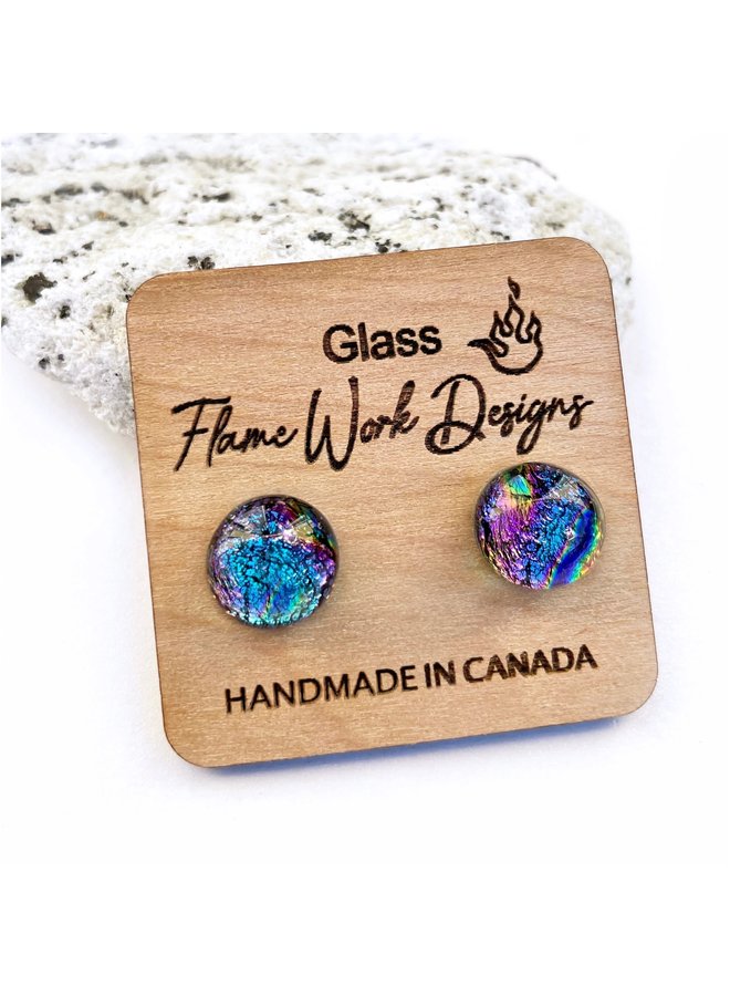 Glass Studs - Rainbow Teal 9mm