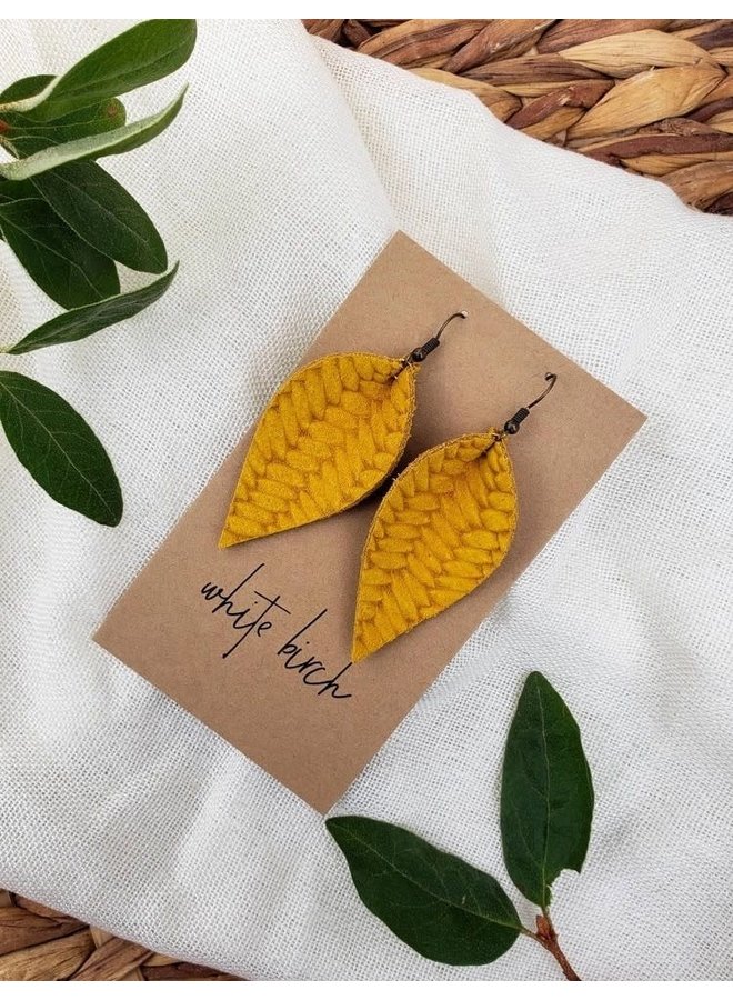Goldenrod Yellow Braided Leather Leaf Earrings