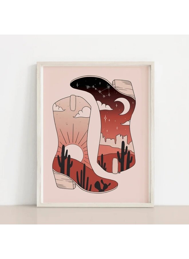 Celestial Sun and Moon Cowboy Boots Art Print