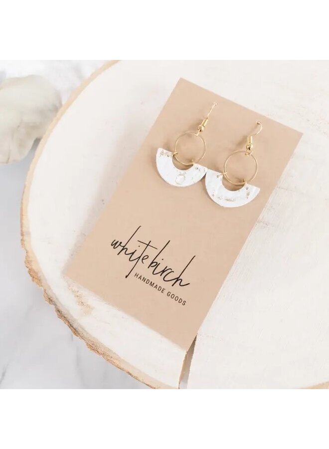 White and Gold Fleck Leather and Brass Ring Earrings