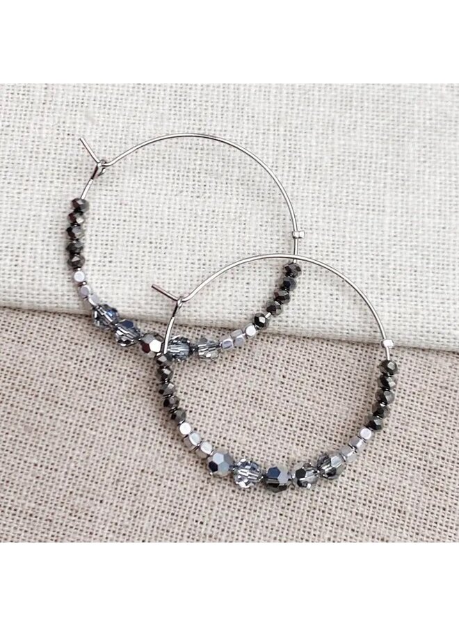 Grey and Silver Crystal Beaded Hoops