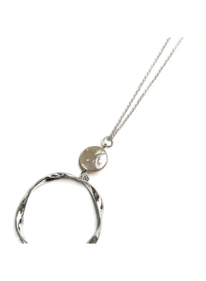 Matte Silver Hoop Freshwater Pearl Pendant Necklace