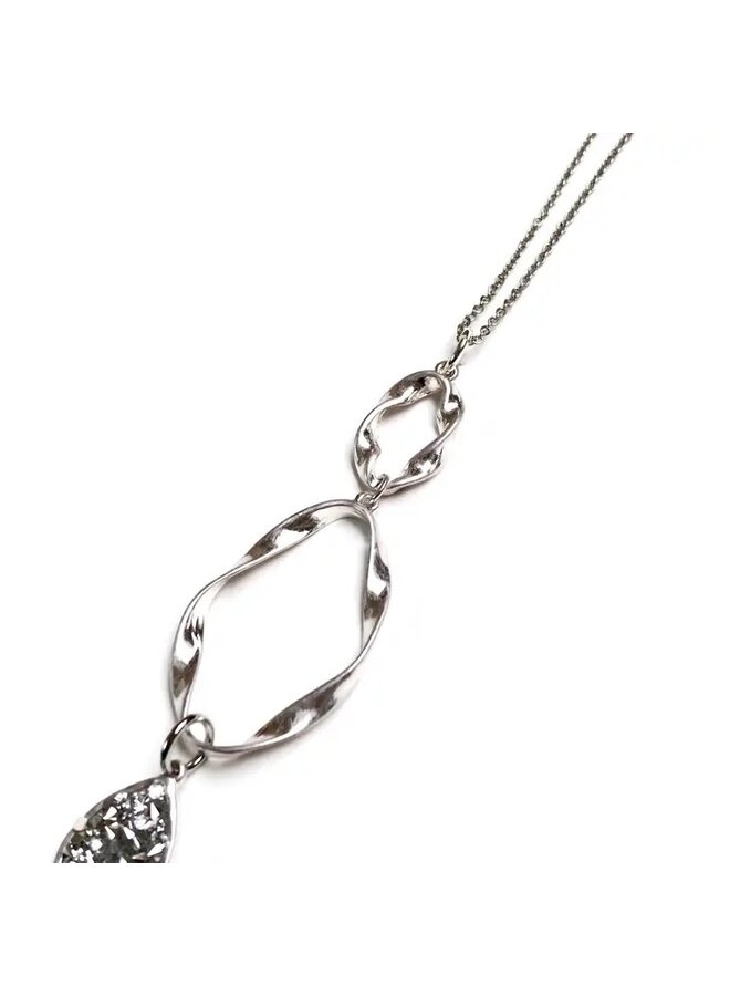 Matte Silver Twisted Ribbons Crystals Pendant Necklace