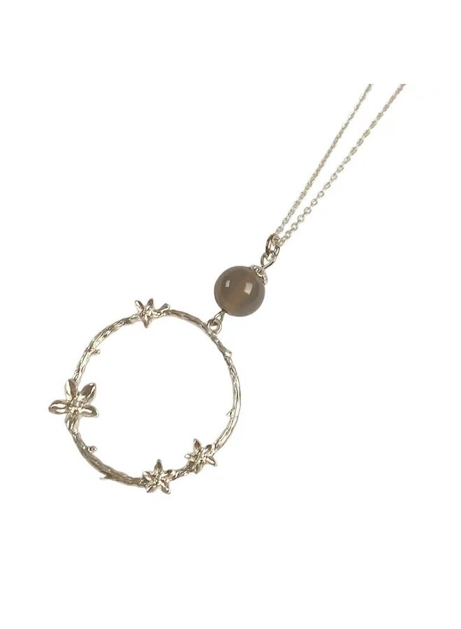 Grey Agate Flower Branch Hoop Pendant Necklace
