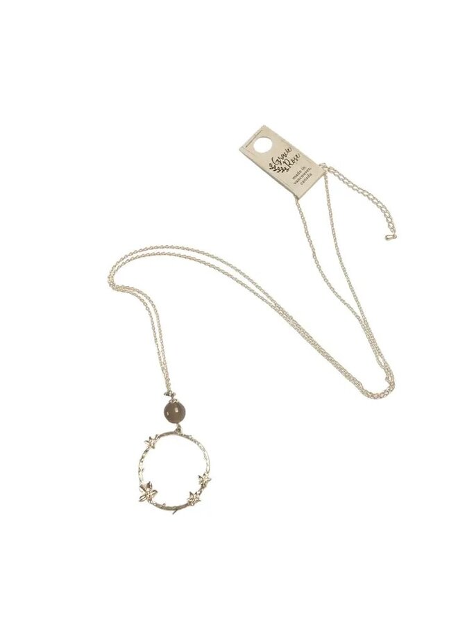 Grey Agate Flower Branch Hoop Pendant Necklace