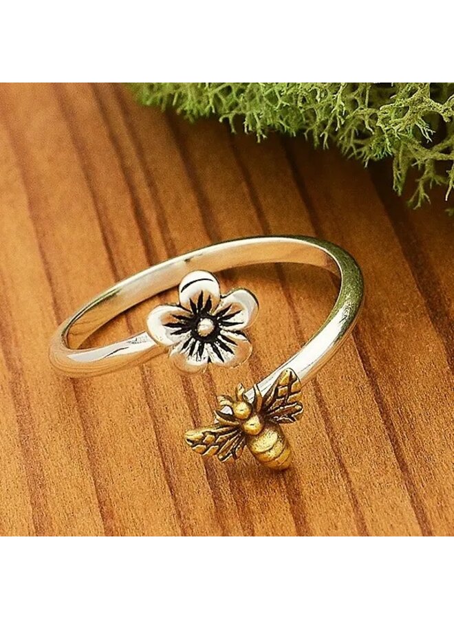 Flower and Bee Ring Sterling Silver Ring