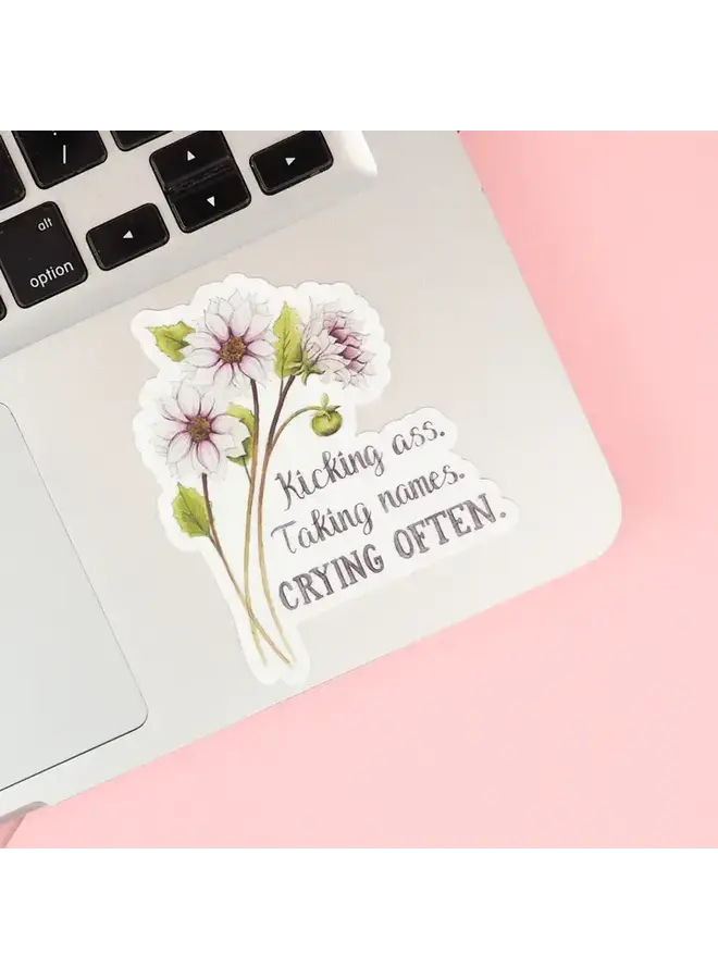 Kicking Ass. Taking Names. Crying Often Sticker