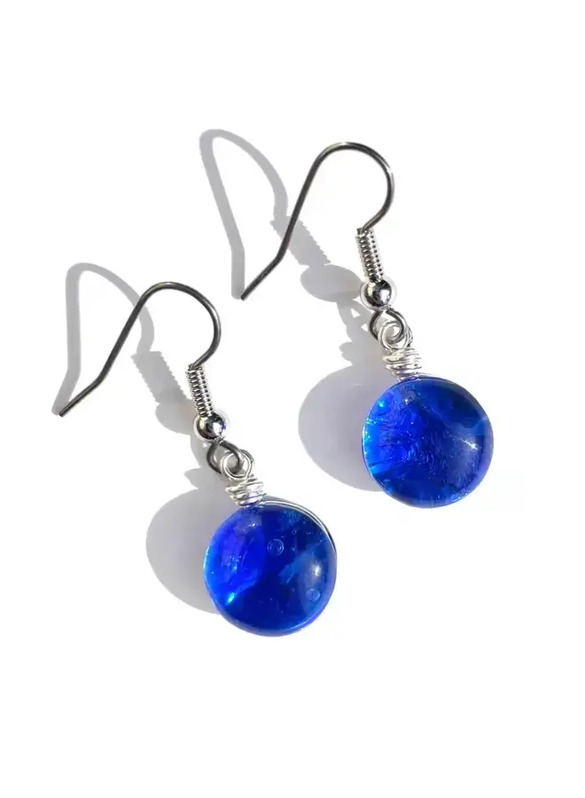 Round Glass Dangle Earrings - Cobalt Blue
