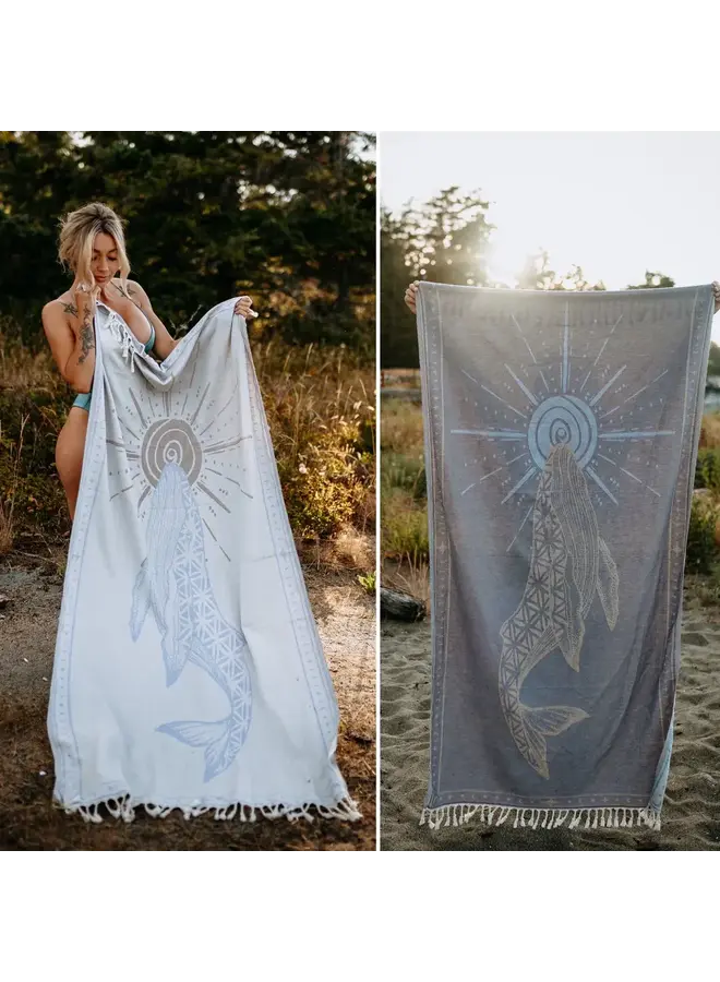 Storm Blue Seed Of Life Whale 100% Cotton Turkish Towel