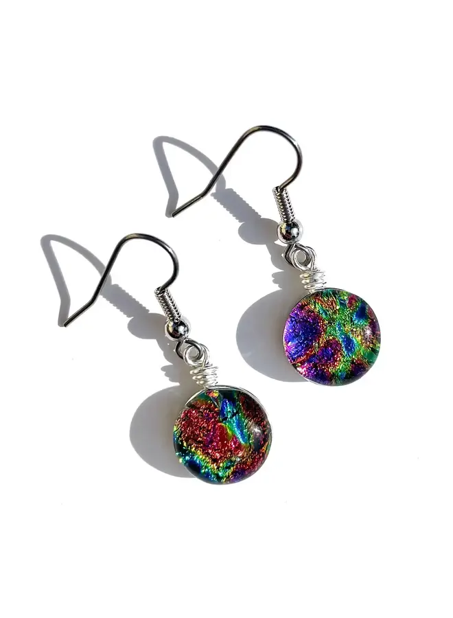 Round Glass Dangle Earrings - Rainbow Purple