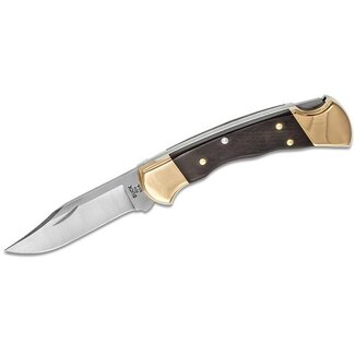 Buck Buck 112FG Ranger Finger Grooved Folding Hunter Style Lockback 3" Blade, Ebony Wood Handles, Brass Bolsters - 2539