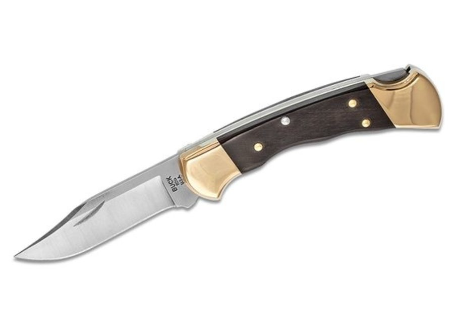 Buck 112FG Ranger Finger Grooved Folding Hunter Style Lockback 3" Blade, Ebony Wood Handles, Brass Bolsters - 2539