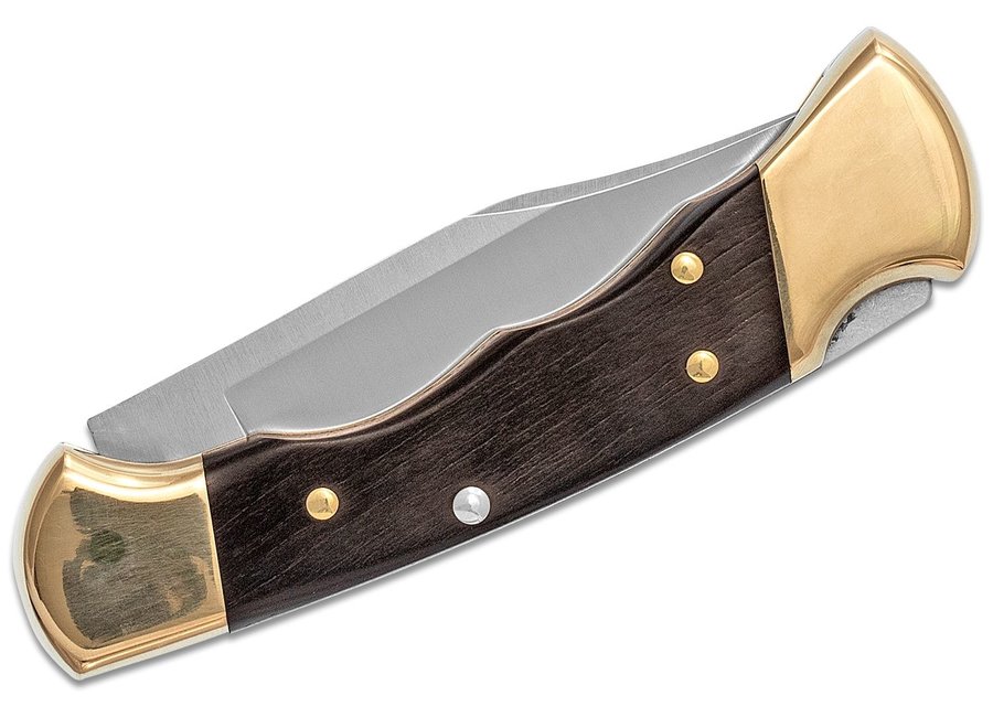 Buck 112FG Ranger Finger Grooved Folding Hunter Style Lockback 3" Blade, Ebony Wood Handles, Brass Bolsters - 2539