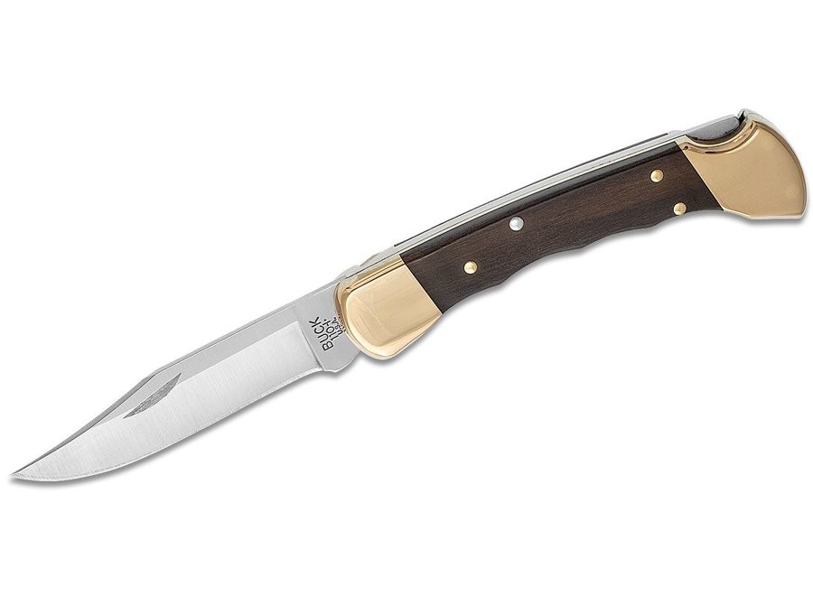 Buck 110 Folding Hunter 3.75" Plain Blade, Finger Grooved, Ebony Wood Handles, Leather Sheath - 2538