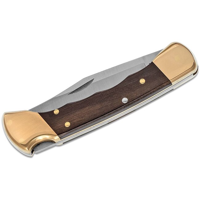 Buck Buck 110 Folding Hunter 3.75" Plain Blade, Finger Grooved, Ebony Wood Handles, Leather Sheath - 2538