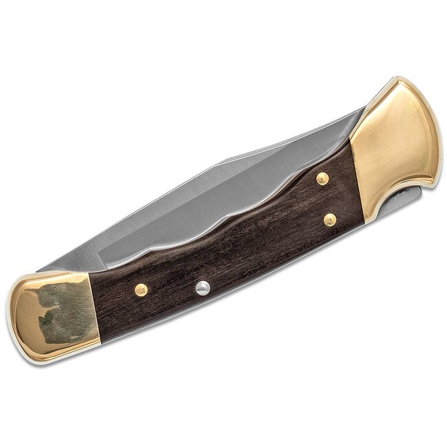 Buck Buck 110 Folding Hunter 3.75" Plain Blade, Finger Grooved, Ebony Wood Handles, Leather Sheath - 2538