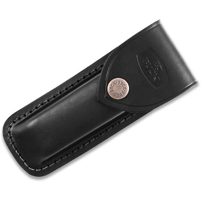 Buck Buck 110 Folding Hunter 3.75" Plain Blade, Finger Grooved, Ebony Wood Handles, Leather Sheath - 2538
