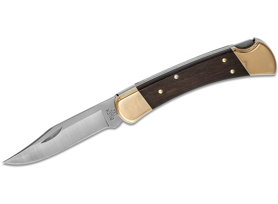 Buck 110 Folding Hunter 3.75" Blade, Ebony Wood Handles, Leather Sheath