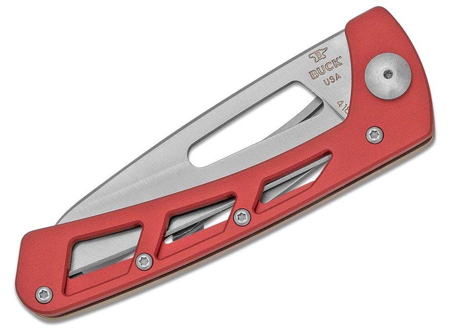 Buck 418 Vertex Folder 3" Satin 420HC Plain Blade, Red Aluminum Handles