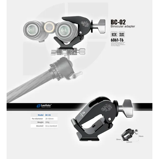 Leofoto BC-02 Binoculars Adapter/ARCA Style Dovetail 28-60mm