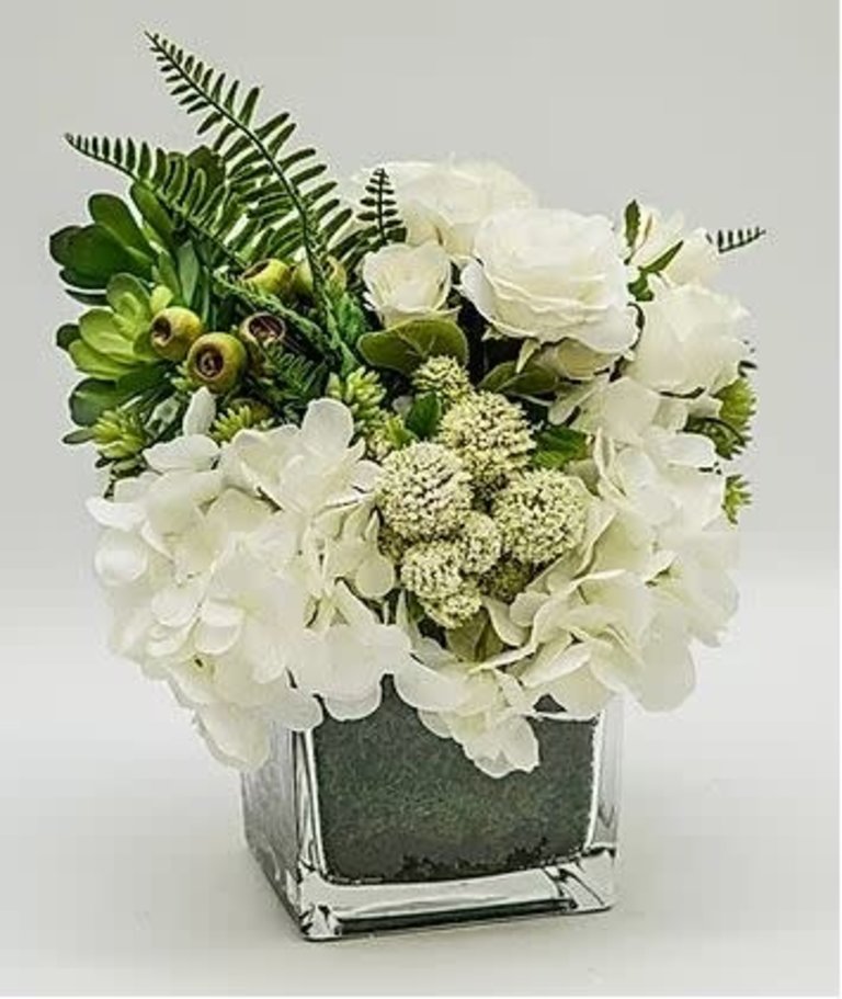 White Hydrangea w/Succulent