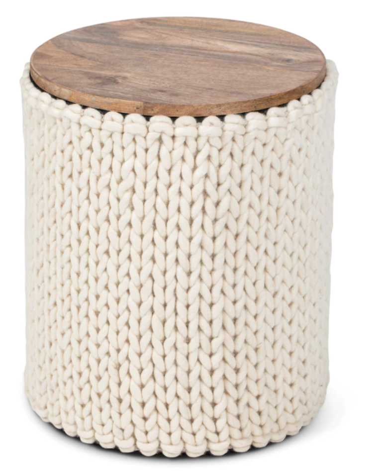Handwoven White Braided Storage Side Table