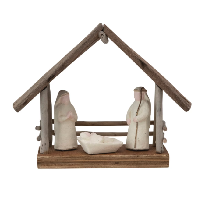 Driftwood and Paper Mache Nativity w/ Wood Base