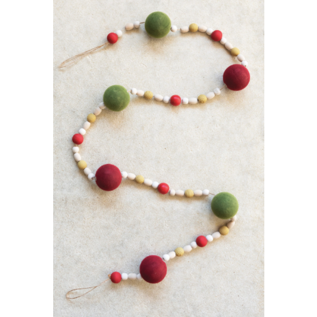 72"L Flocked Foam and Wood Ball Garland, Multi Color