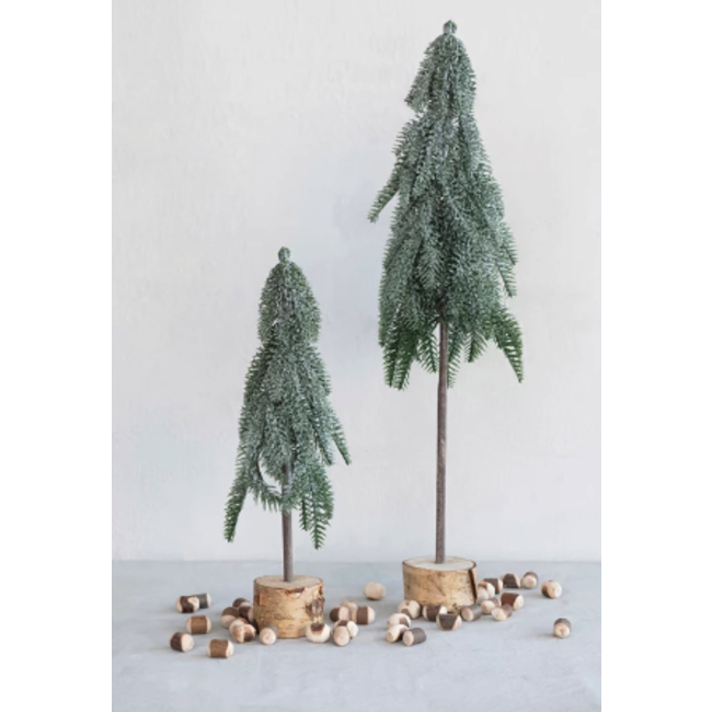 Pine Tree with Wood Slice Base, Snow Finish