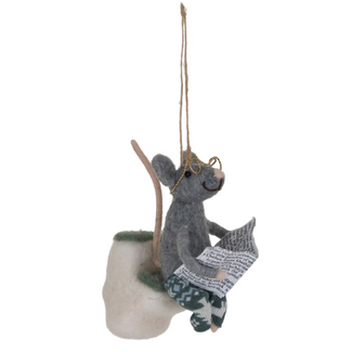 Wool Felt Mouse on Toilet w/ Newspaper Ornament