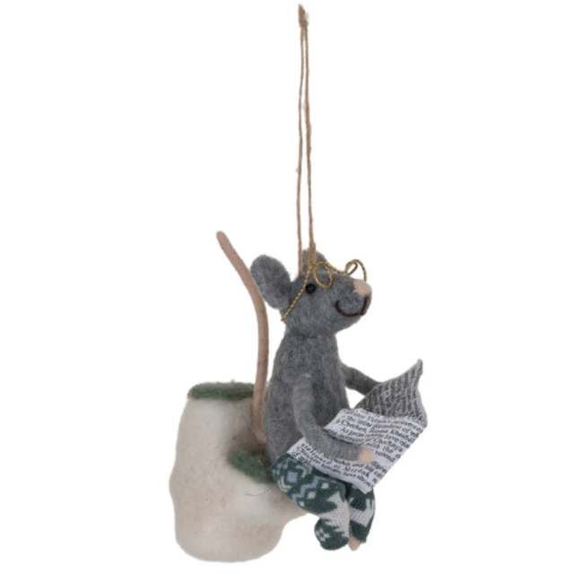 Wool Felt Mouse on Toilet w/ Newspaper Ornament