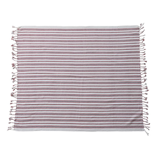 Striped Throw w/ Braided Fringe, White, Red & Grey