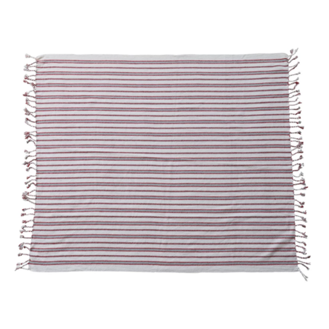 Striped Throw w/ Braided Fringe, White, Red & Grey