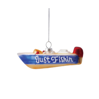 Glass Fishing Boat "Just Fishin" Ornament