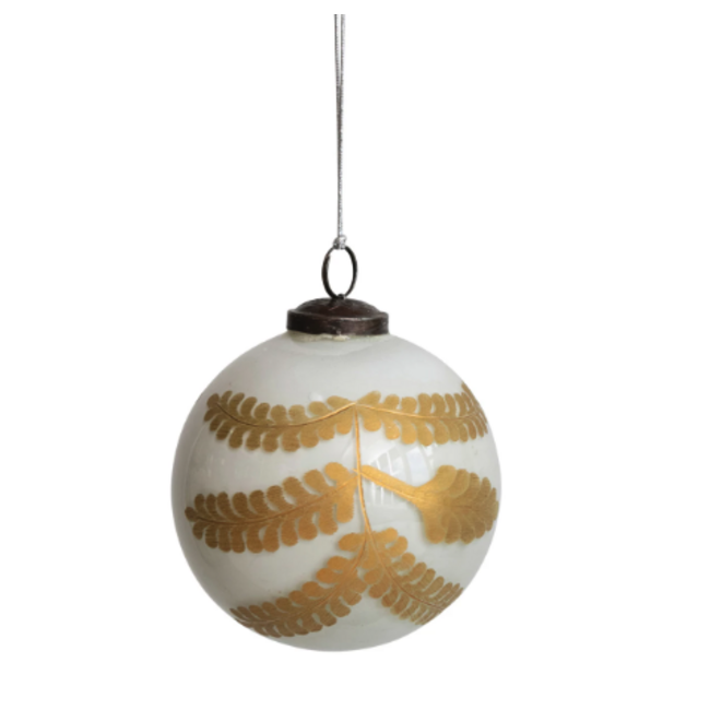 Etched Glass Ball Ornament w/ Leaves