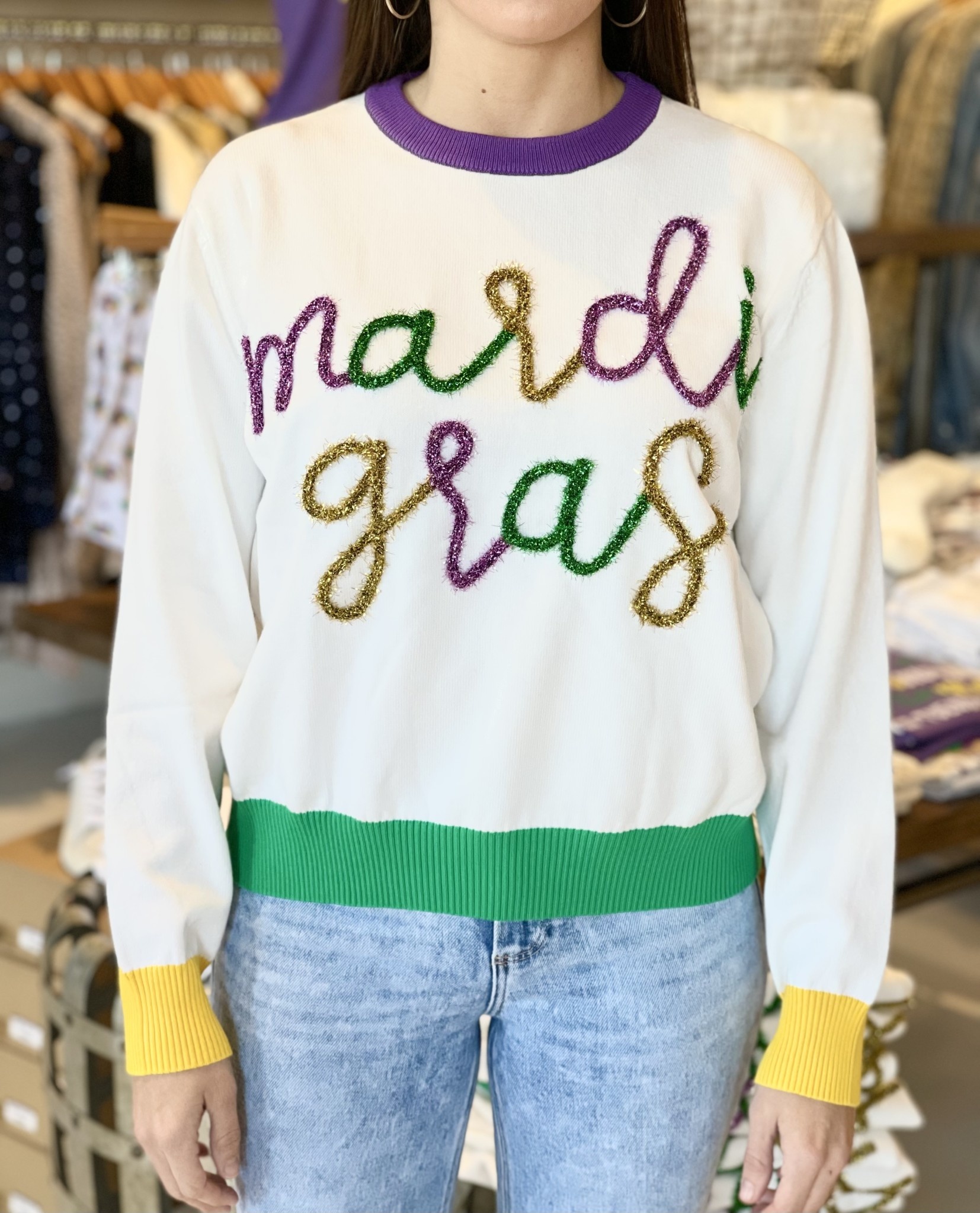 Mardi Gras Glitter Script Sweater Southern Accents Boutique