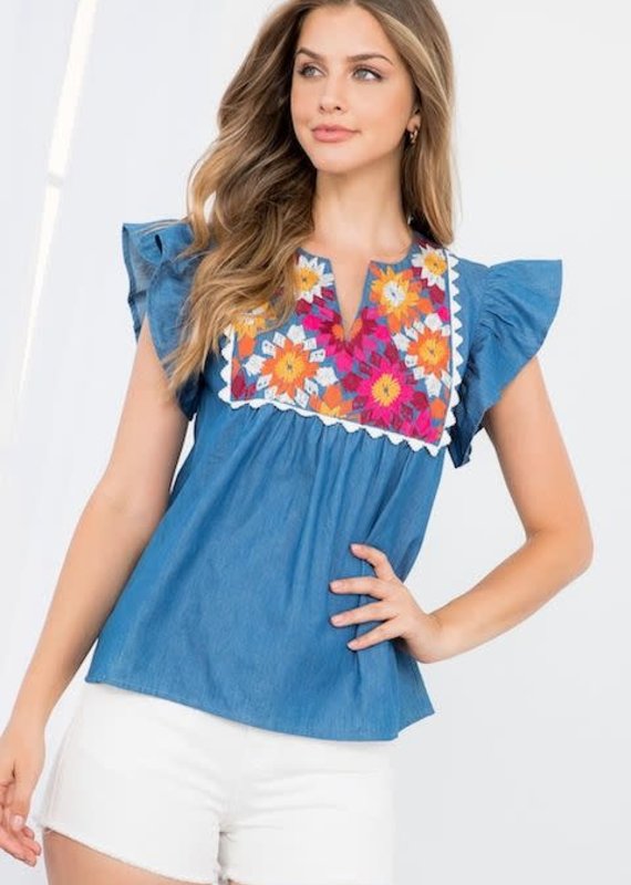 Chambray Embroidered Blouse