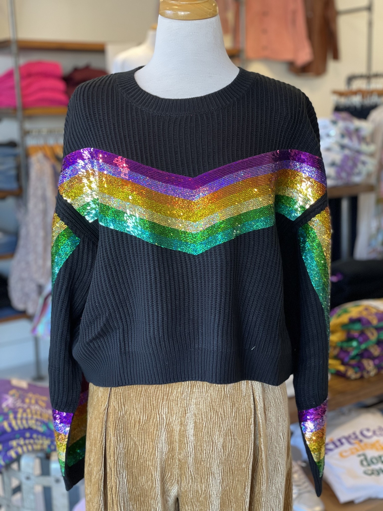 Black Mardi Gras Sequin Stripe Sweater - Southern Accents Boutique